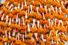 India, West Bengal, Kolkata, Jorasanko. Marigolds for sale. Art Print